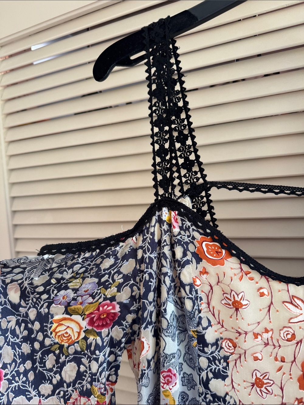 Free People Peach Floral Cold-Shoulder Tunic with Black Trim - Picture 3 of 7